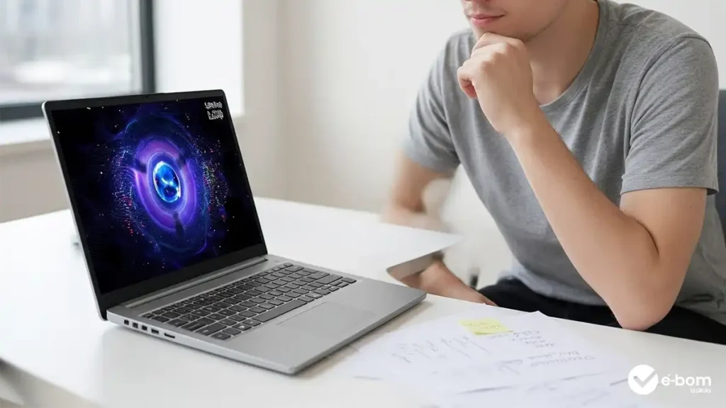 Pessoa pensativa com dúvida olhando notebook gamer Lenovo LOQ em mesa com comparações de preço para decisão de compra