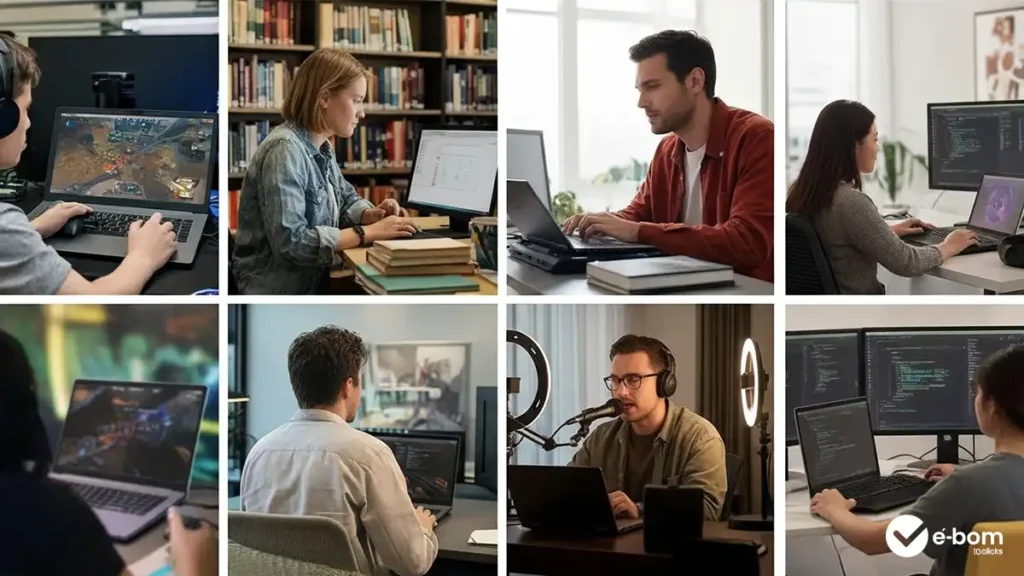 Notebook gamer Lenovo LOQ casos reais de uso - gamer competitivo, estudante arquitetura, streamer e desenvolvedor em cenários autênticos
