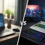 Imagem comparativa de um notebook gamer de entrada e um notebook gamer de alta performance.