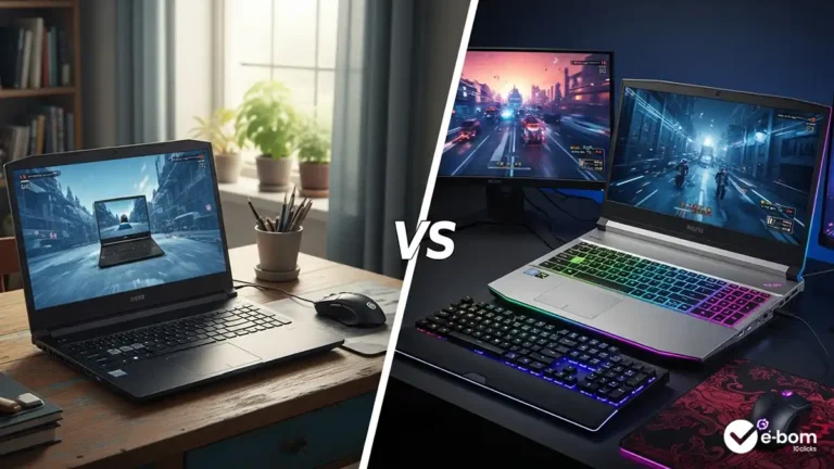 Imagem comparativa de um notebook gamer de entrada e um notebook gamer de alta performance.