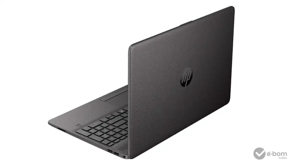 notebook bom e barato para estudar-HP-256r-g9, Vista lateral com tampa aberta